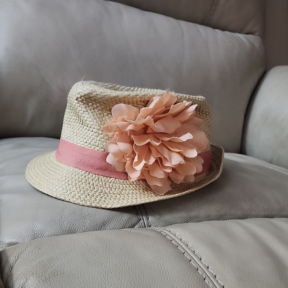 Womens Beige Hat with Pink Flower Accent